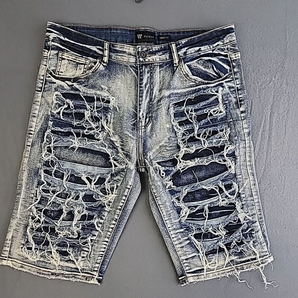 Men's Waimea Skinny Fit Blue Wash Destroyed Denim Shorts - 30‎